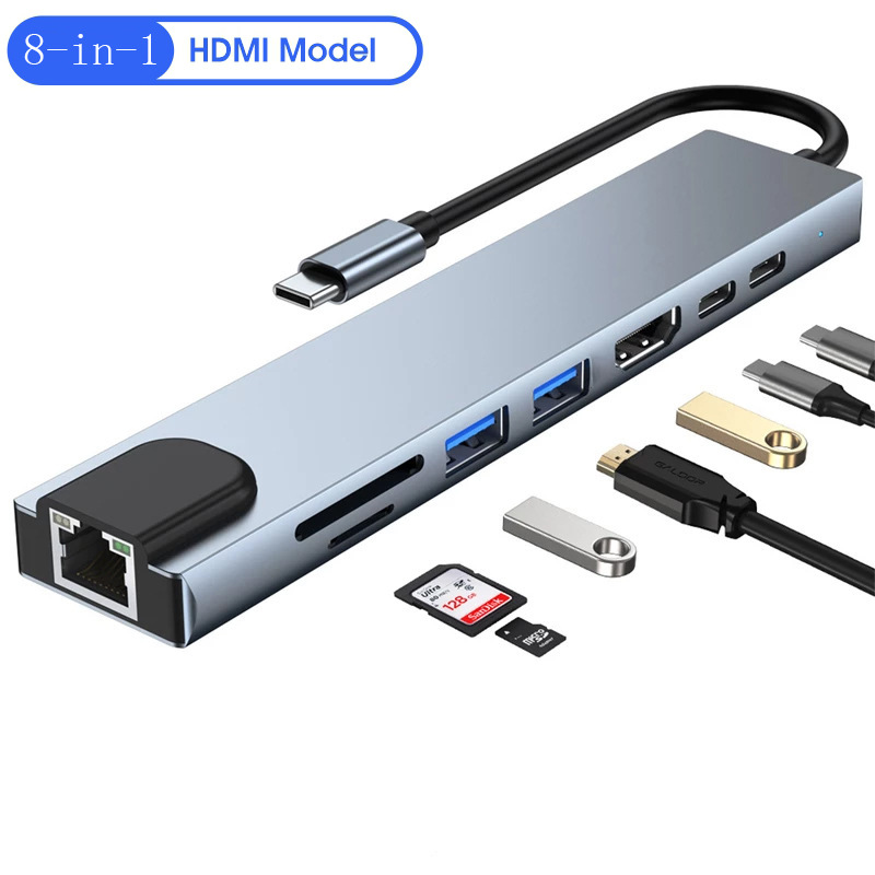 8in1 Type-c Docking Station USB-C to HDMI 4K30Hz USB3.0 PD Card Reader Multi-function Converter